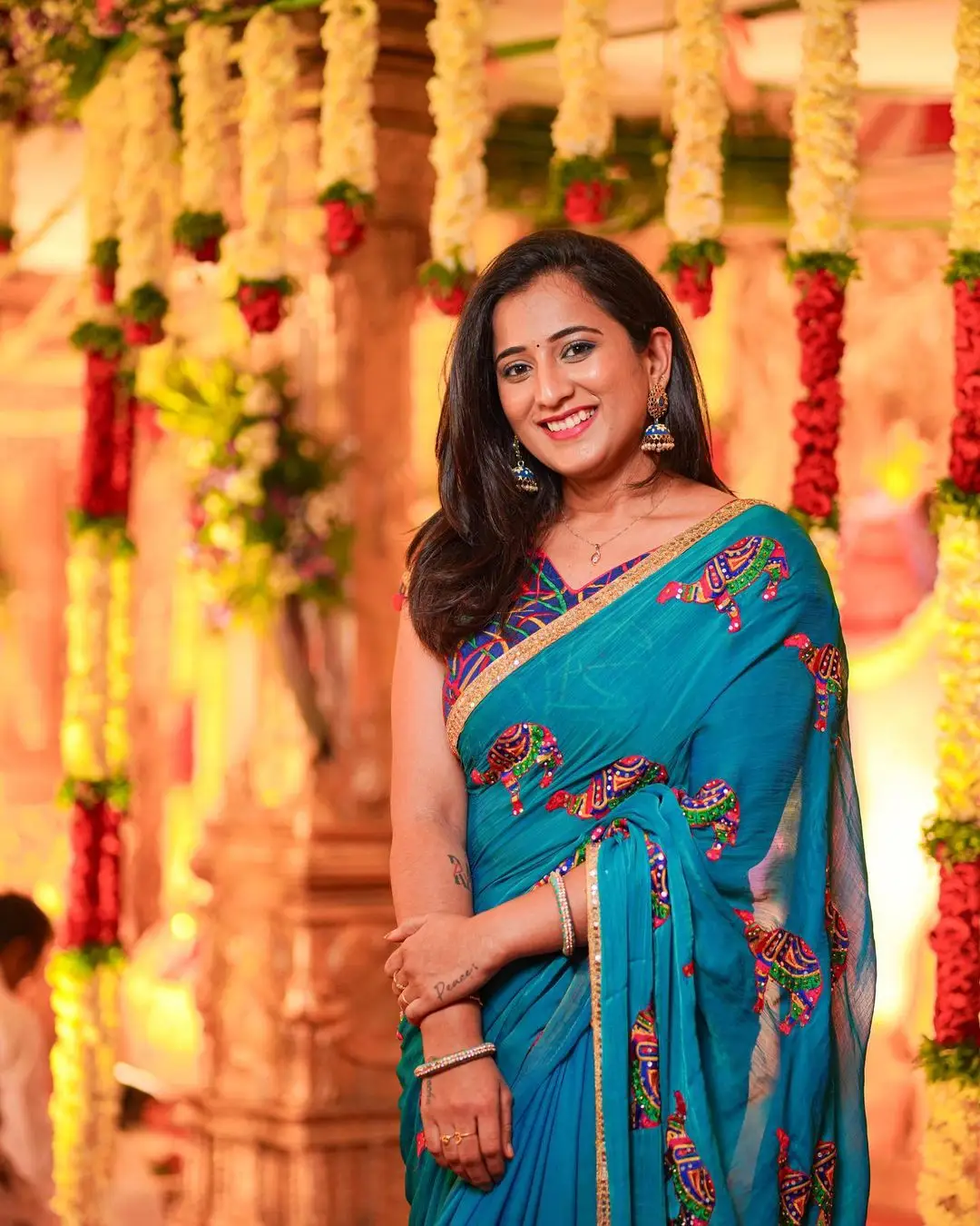 youtube actress viraajita in traditional blue saree blouse